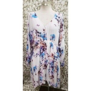 White Birch Womens Dress Size Large Floral White V Neck Rayon Lined Purple Blue